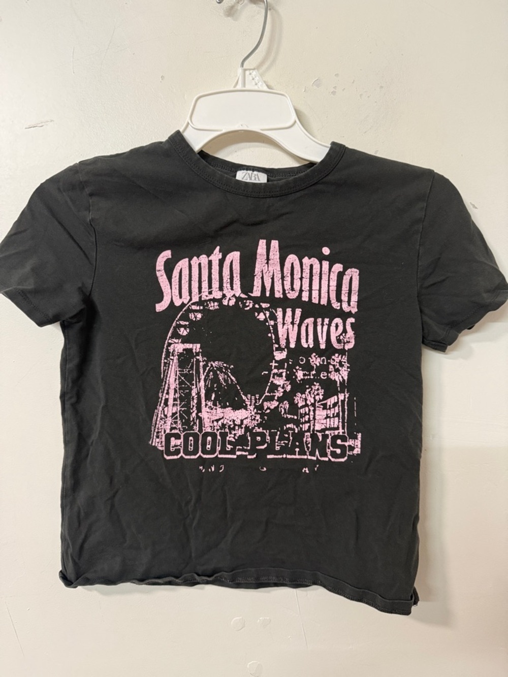 ZARA Black Tee with Pink Santa Monica Graphic